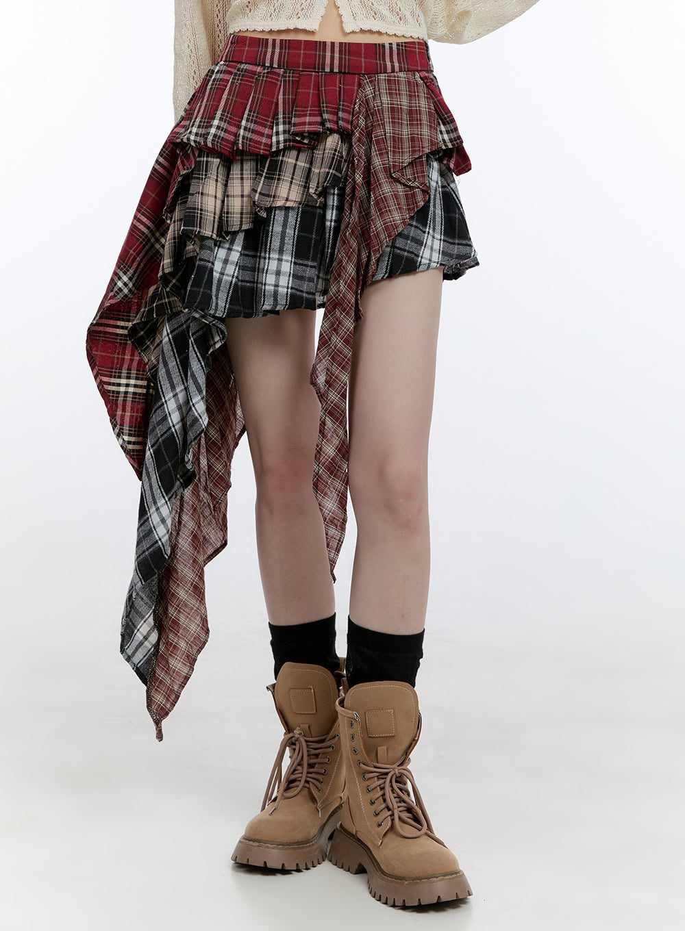 Asymmetrical Ruffle Checkered Mini Skirt CG412